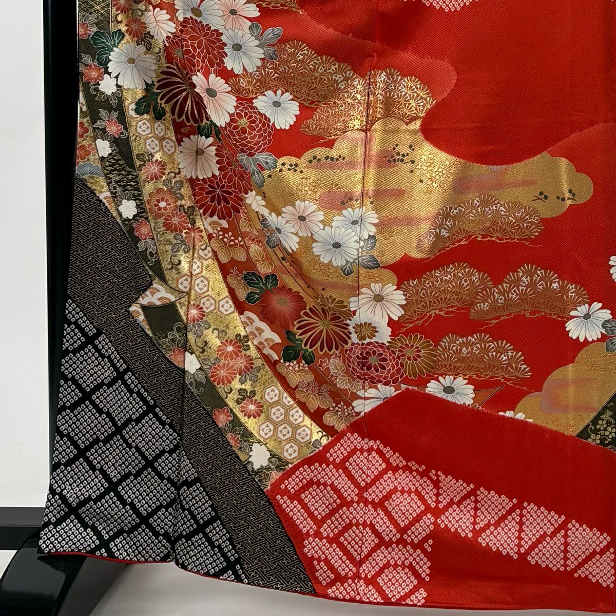 【美品】振袖禮服 身長166cm 袖長66.5cm M 雙層 幾帳 草花紋紋 金銀彩 絞染 朱 純蠶絲 秀品級