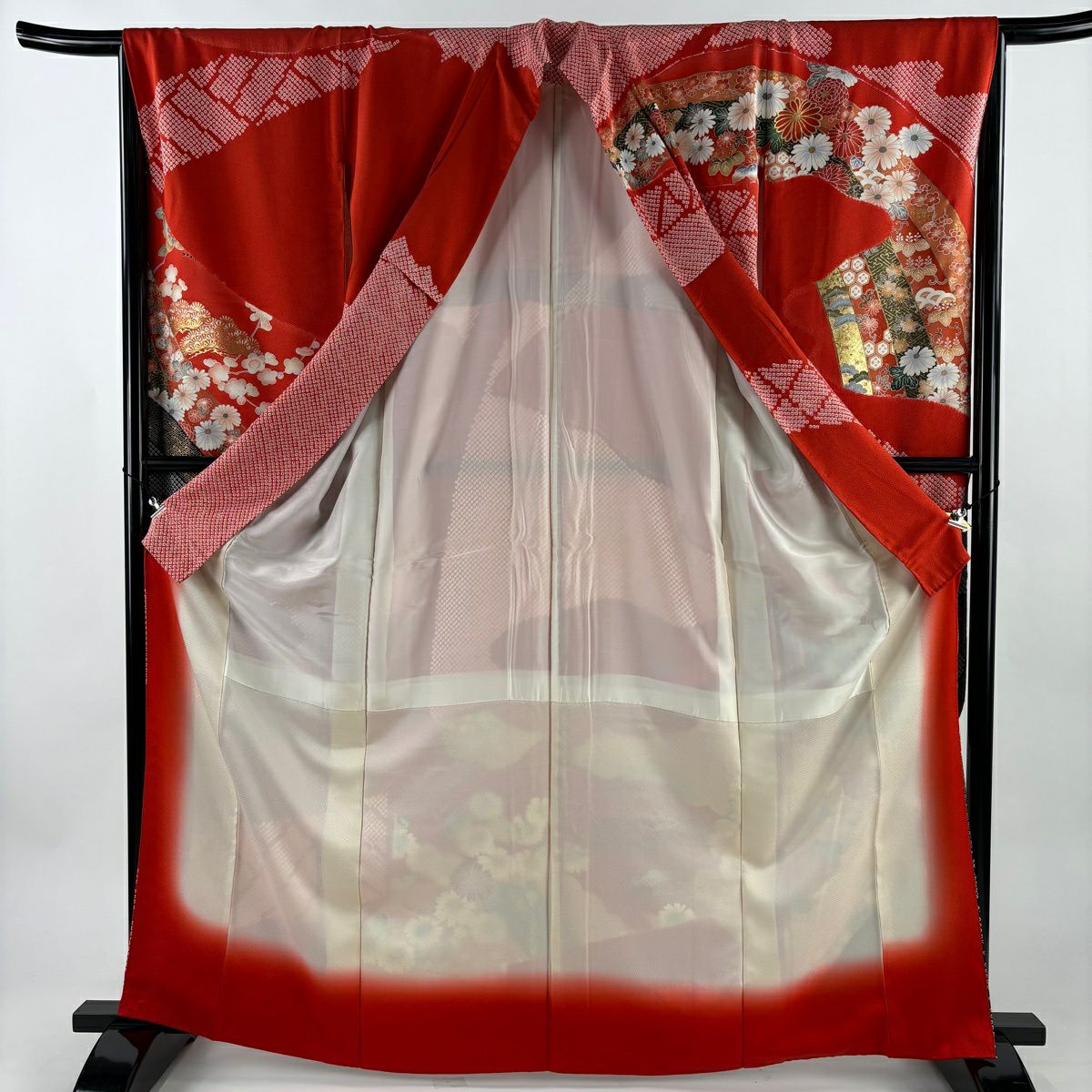【美品】振袖禮服 身長166cm 袖長66.5cm M 雙層 幾帳 草花紋紋 金銀彩 絞染 朱 純蠶絲 秀品級