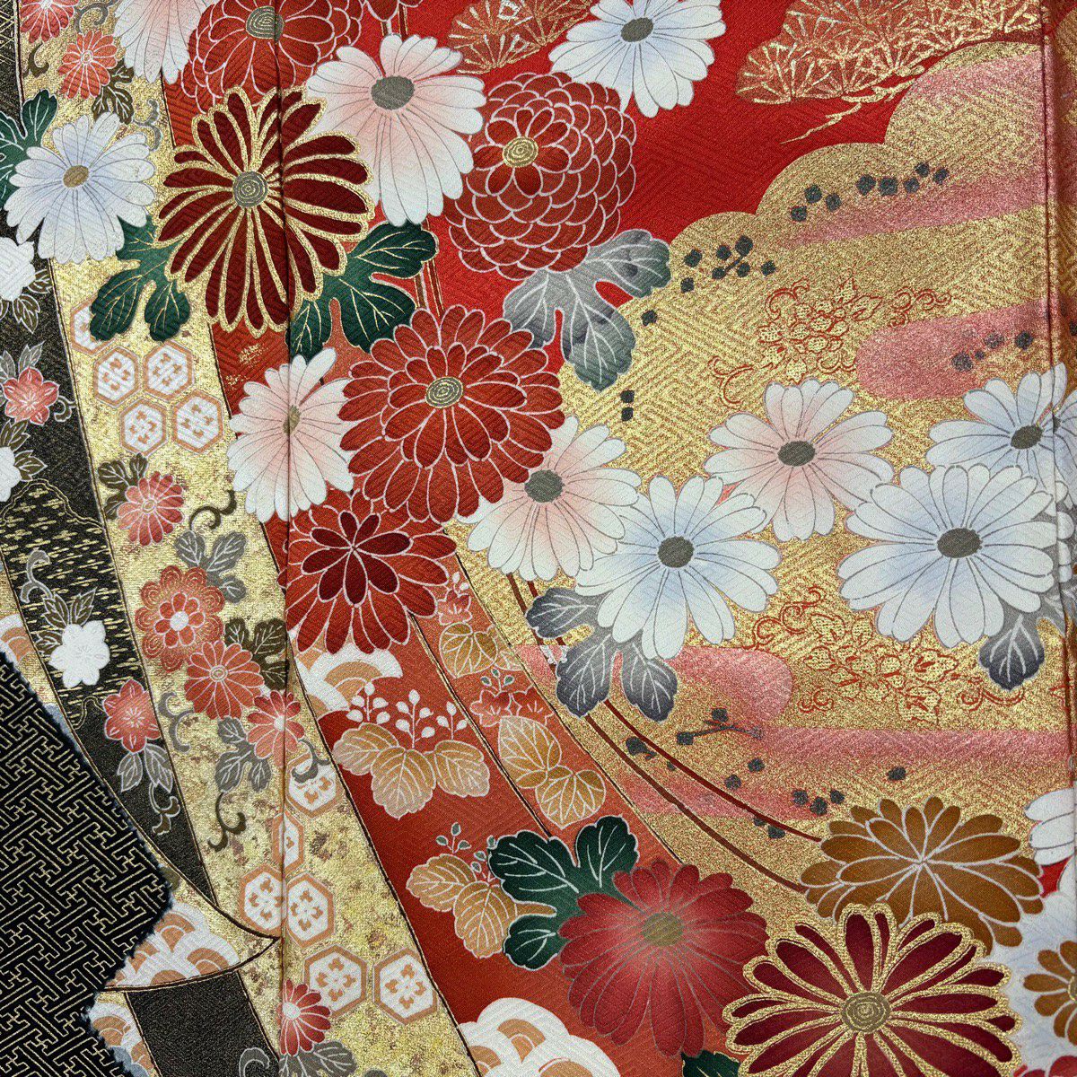【美品】振袖禮服 身長166cm 袖長66.5cm M 雙層 幾帳 草花紋紋 金銀彩 絞染 朱 純蠶絲 秀品級