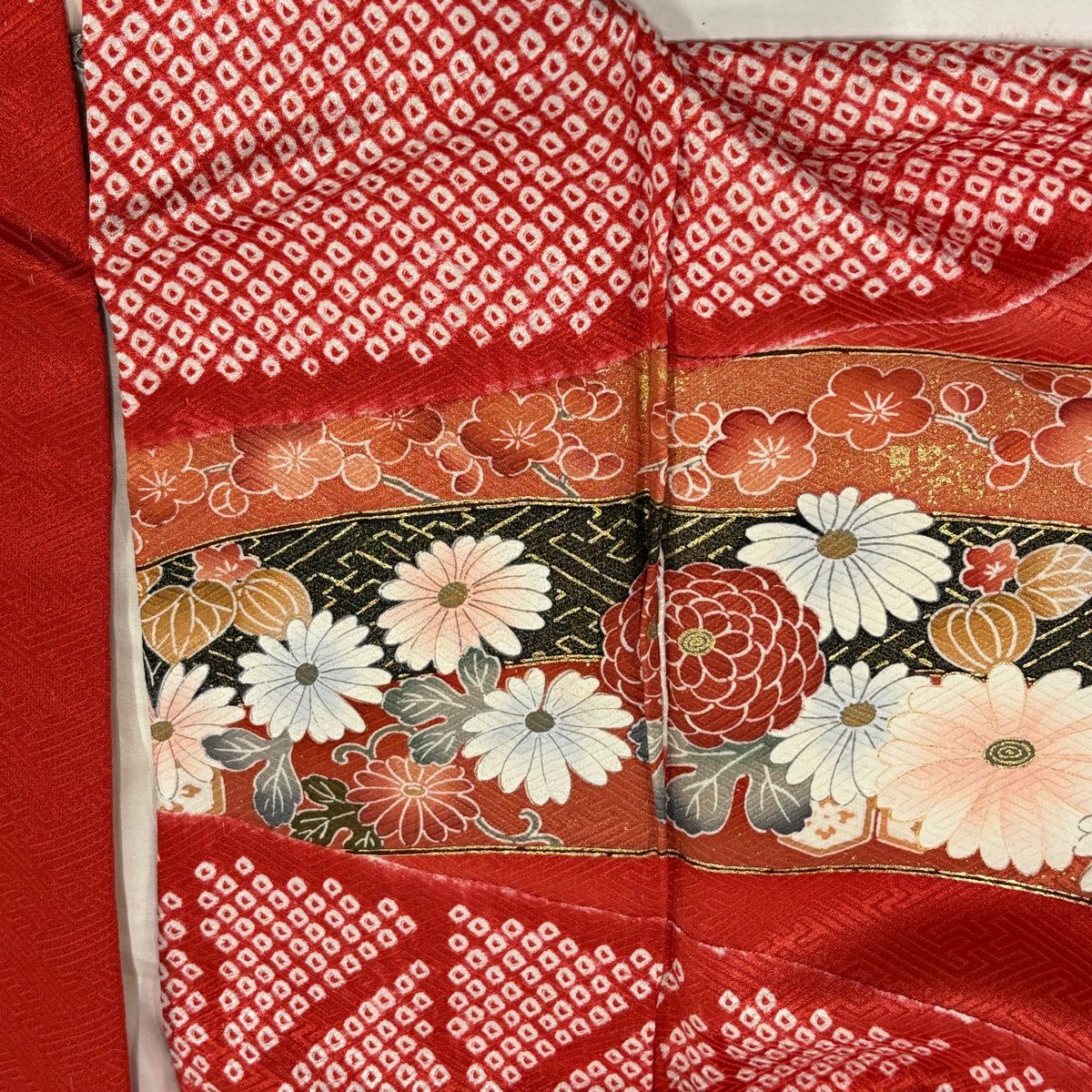 【美品】振袖禮服 身長166cm 袖長66.5cm M 雙層 幾帳 草花紋紋 金銀彩 絞染 朱 純蠶絲 秀品級