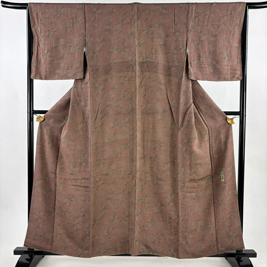 【美品】 小紋 身長158.5cm 袖長65cm M 雙層 細合俊男 落款あり 銀杏 縮緬 小豆 純蠶絲 秀品級