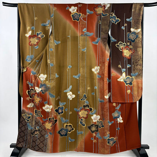 振袖禮服 身長163.5cm 袖長65cm M 雙層 枝梅花 松樹皮菱 金絲 金銀彩 黃土 純蠶絲 秀品級