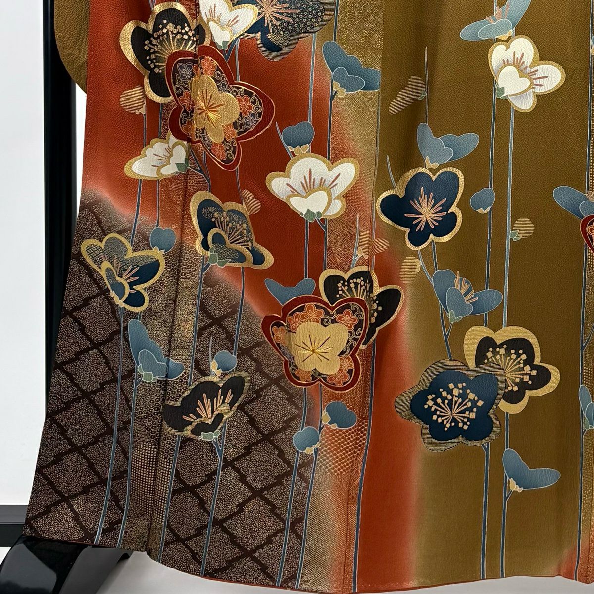 振袖禮服 身長163.5cm 袖長65cm M 雙層 枝梅花 松樹皮菱 金絲 金銀彩 黃土 純蠶絲 秀品級