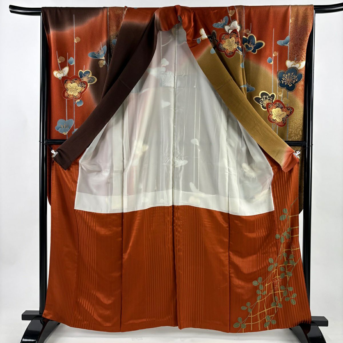 振袖禮服 身長163.5cm 袖長65cm M 雙層 枝梅花 松樹皮菱 金絲 金銀彩 黃土 純蠶絲 秀品級