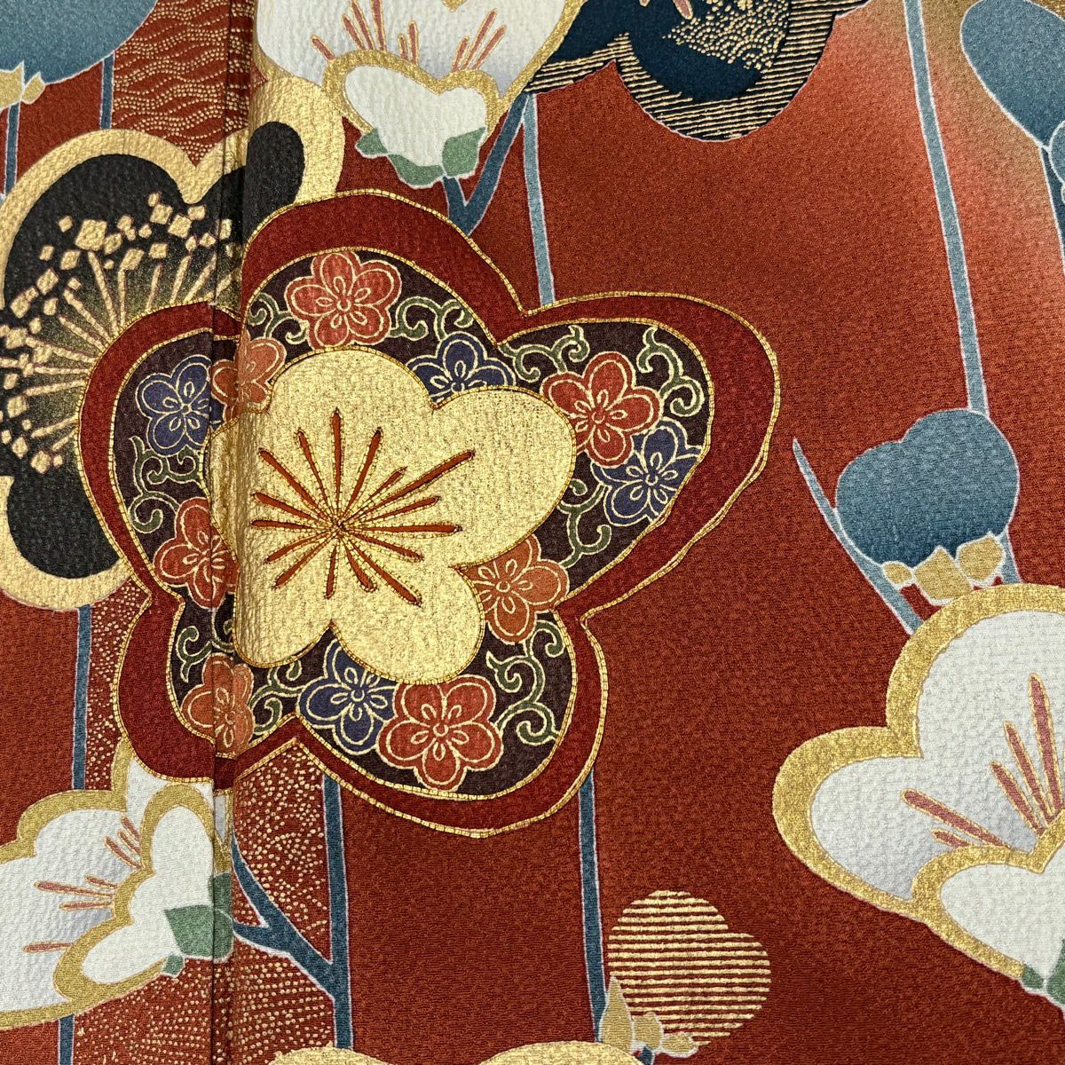 振袖禮服 身長163.5cm 袖長65cm M 雙層 枝梅花 松樹皮菱 金絲 金銀彩 黃土 純蠶絲 秀品級