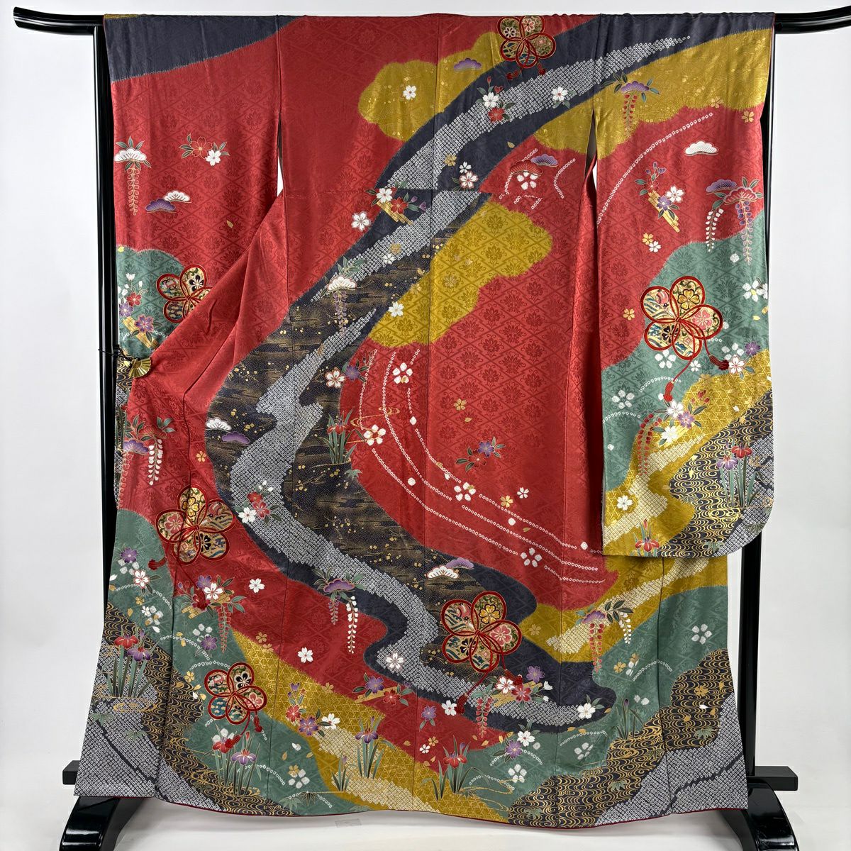 振袖禮服 身長164.5cm 袖長66cm M 雙層 草花紋紋 花筏刺繡 金糸 茜 純蠶絲 秀品級