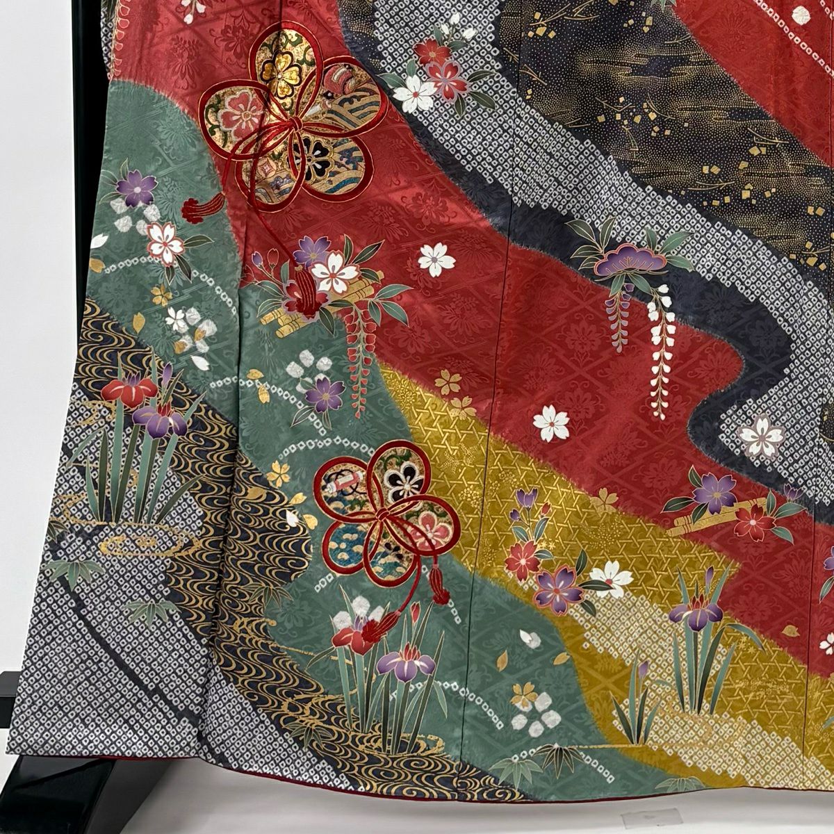 振袖禮服 身長164.5cm 袖長66cm M 雙層 草花紋紋 花筏刺繡 金糸 茜 純蠶絲 秀品級