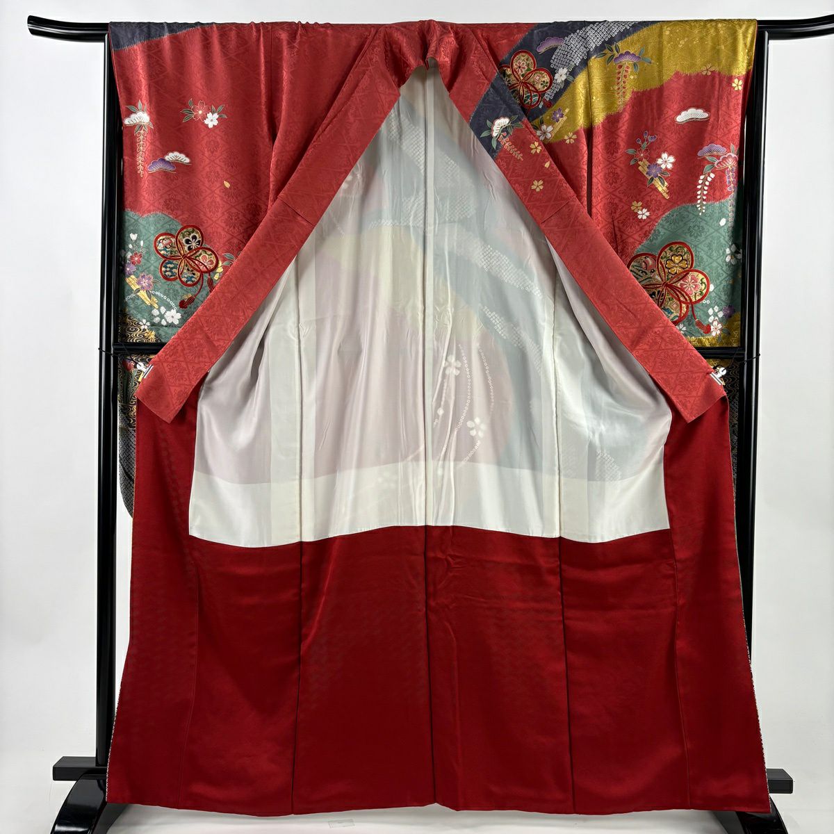 振袖禮服 身長164.5cm 袖長66cm M 雙層 草花紋紋 花筏刺繡 金糸 茜 純蠶絲 秀品級