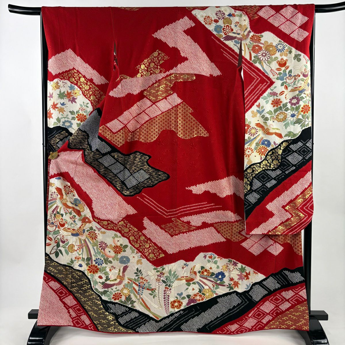 【美品】振袖禮服 身長166cm 袖長67cm M 雙層 尾長鳥 草花紋紋 金糸 絞染 紅 純蠶絲 秀品級