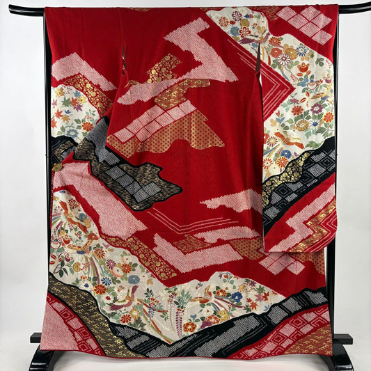 【美品】振袖禮服 身長166cm 袖長67cm M 雙層 尾長鳥 草花紋紋 金糸 絞染 紅 純蠶絲 秀品級