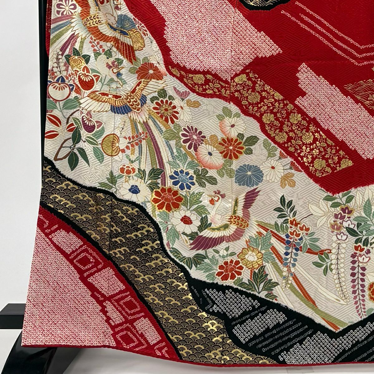 【美品】振袖禮服 身長166cm 袖長67cm M 雙層 尾長鳥 草花紋紋 金糸 絞染 紅 純蠶絲 秀品級