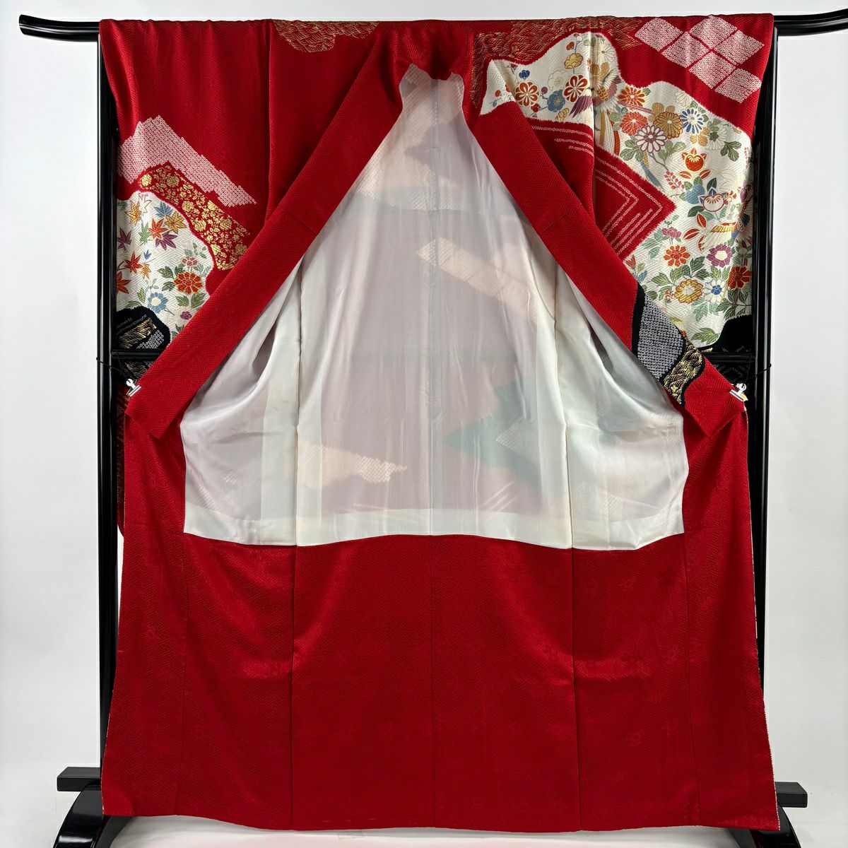 【美品】振袖禮服 身長166cm 袖長67cm M 雙層 尾長鳥 草花紋紋 金糸 絞染 紅 純蠶絲 秀品級