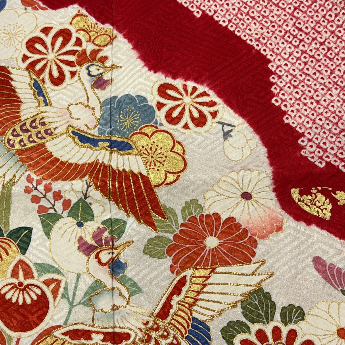 【美品】振袖禮服 身長166cm 袖長67cm M 雙層 尾長鳥 草花紋紋 金糸 絞染 紅 純蠶絲 秀品級