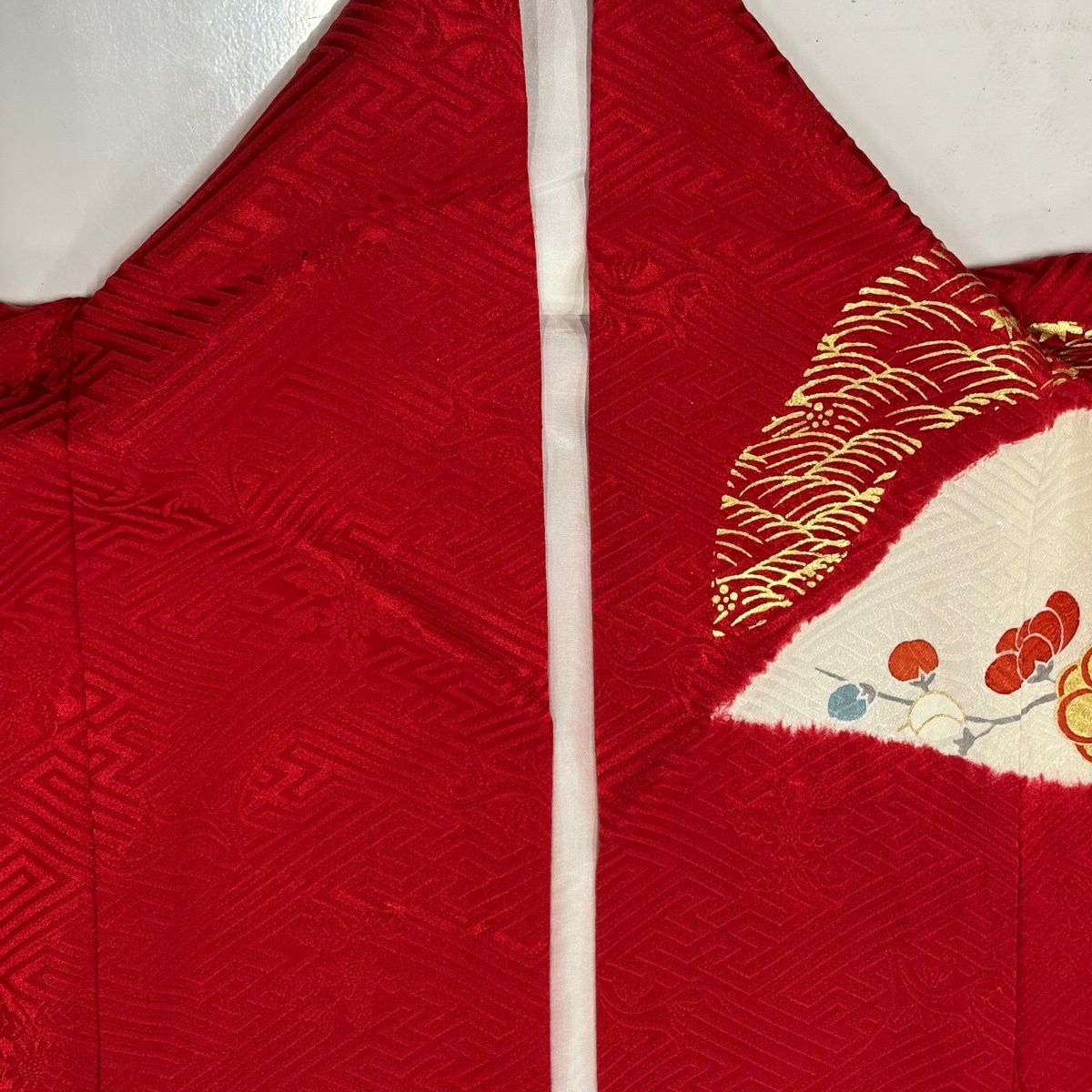 【美品】振袖禮服 身長166cm 袖長67cm M 雙層 尾長鳥 草花紋紋 金糸 絞染 紅 純蠶絲 秀品級