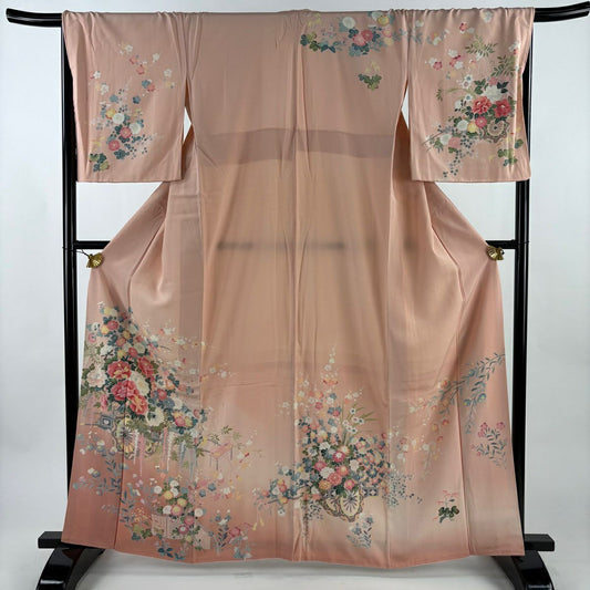 訪問服 身長163cm 袖長68cm L 雙層 落款 花車 枝梅花 漸層 淺粉色 純蠶絲 優品級