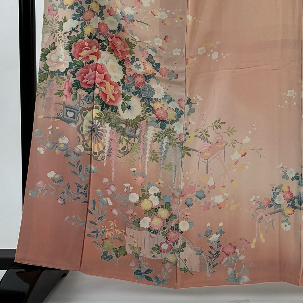 訪問服 身長163cm 袖長68cm L 雙層 落款 花車 枝梅花 漸層 淺粉色 純蠶絲 優品級