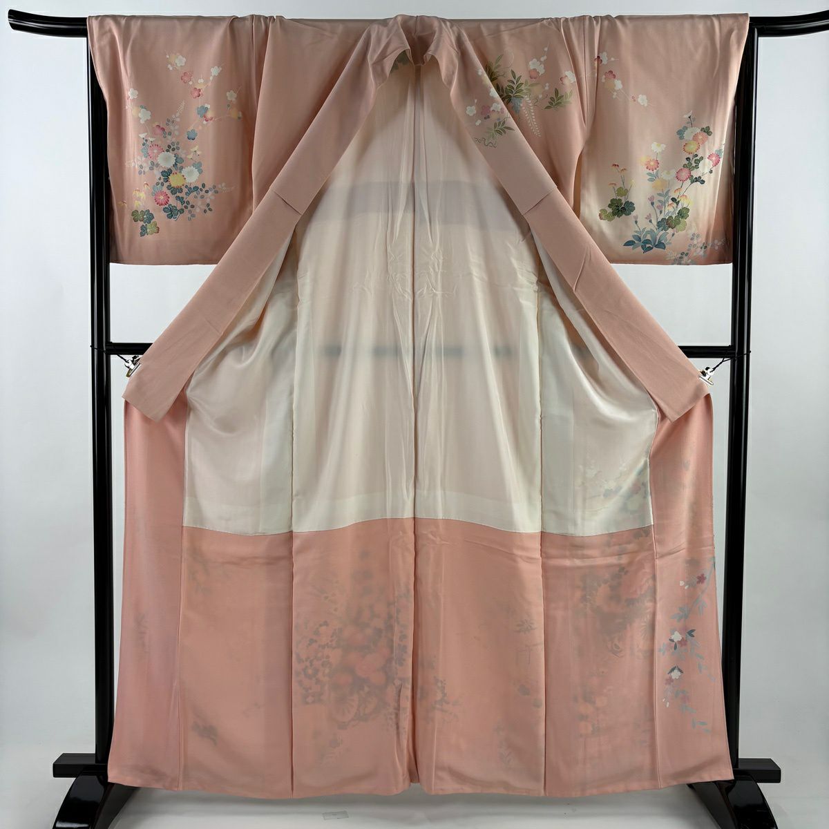 訪問服 身長163cm 袖長68cm L 雙層 落款 花車 枝梅花 漸層 淺粉色 純蠶絲 優品級