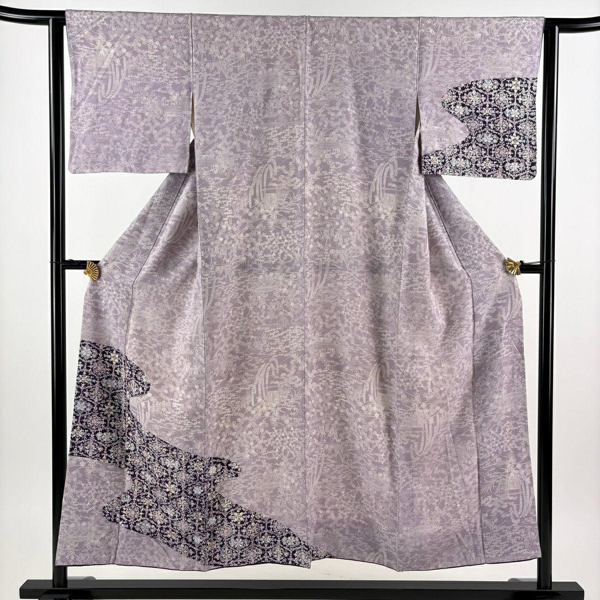 付下 身長150cm 袖長63cm S 雙層 流水 草花紋紋 染分 灰紫 純蠶絲 秀品級