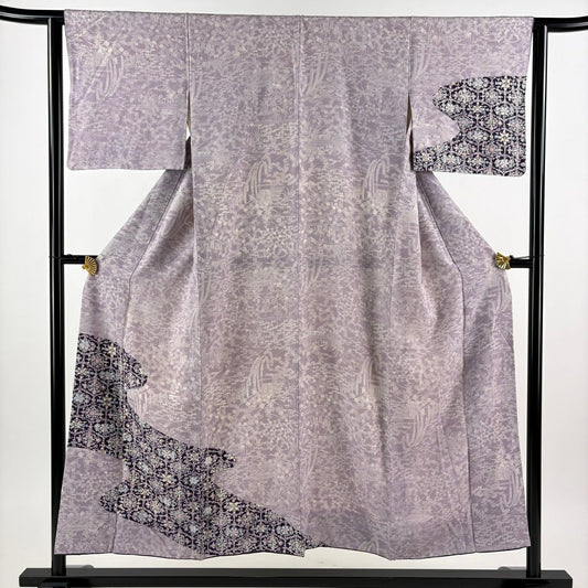 付下 身長150cm 袖長63cm S 雙層 流水 草花紋紋 染分 灰紫 純蠶絲 秀品級