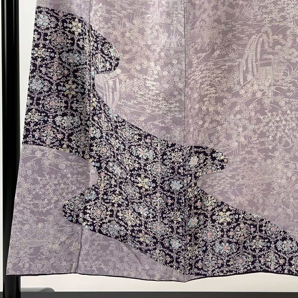 付下 身長150cm 袖長63cm S 雙層 流水 草花紋紋 染分 灰紫 純蠶絲 秀品級