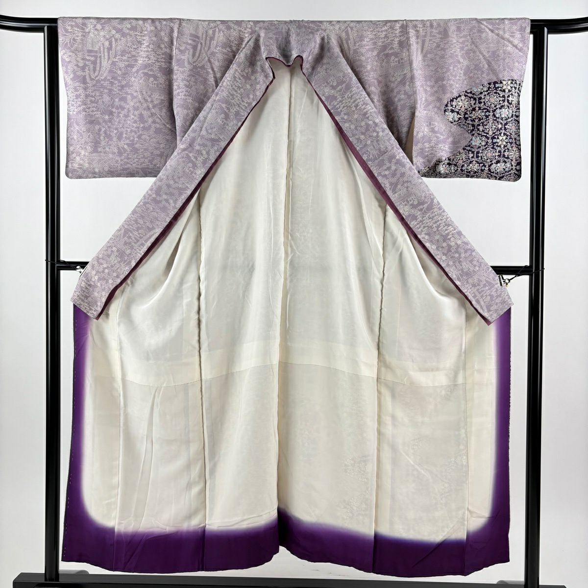 付下 身長150cm 袖長63cm S 雙層 流水 草花紋紋 染分 灰紫 純蠶絲 秀品級