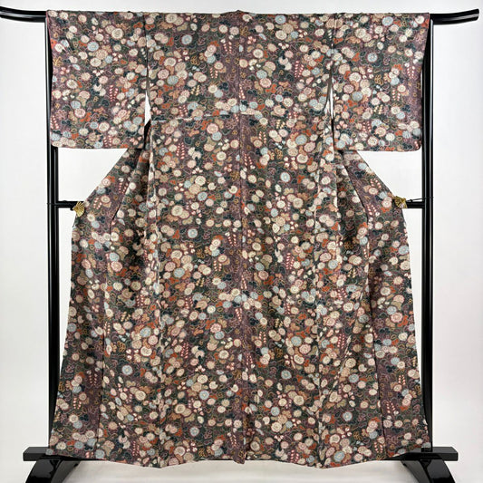 小紋 身長159.5cm 袖長64.5cm M 雙層 辻花染 金彩裝飾 灰紫 純蠶絲 秀品級