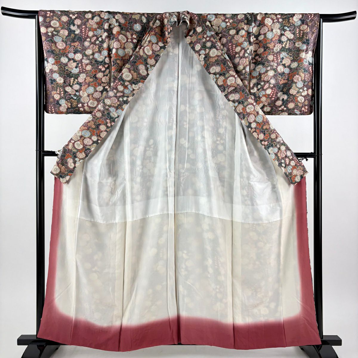 小紋 身長159.5cm 袖長64.5cm M 雙層 辻花染 金彩裝飾 灰紫 純蠶絲 秀品級
