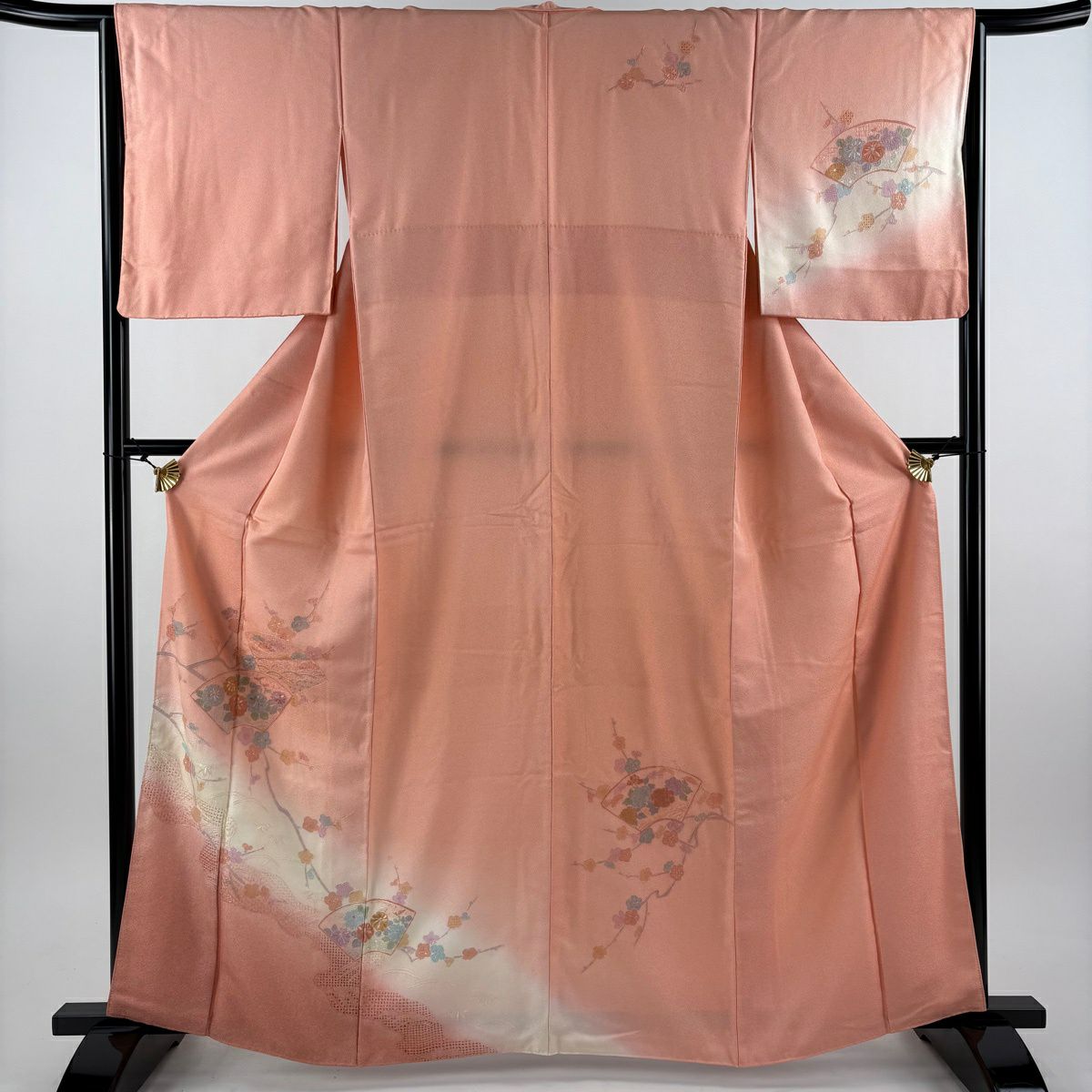 訪問服 身長163cm 袖長65cm M 雙層 扇子面 枝梅花 刺繡 漸層 粉紅 純蠶絲 優品級