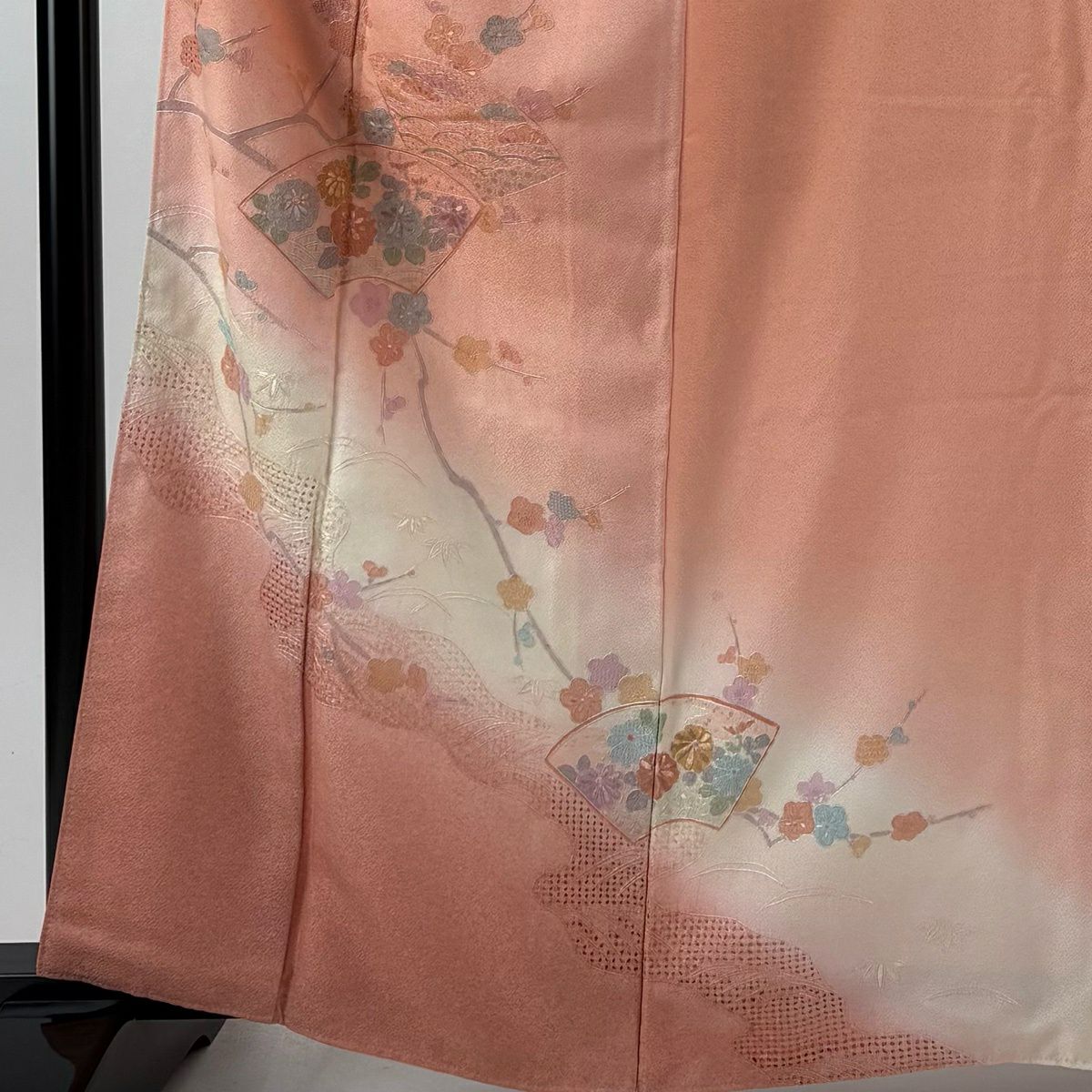 訪問服 身長163cm 袖長65cm M 雙層 扇子面 枝梅花 刺繡 漸層 粉紅 純蠶絲 優品級