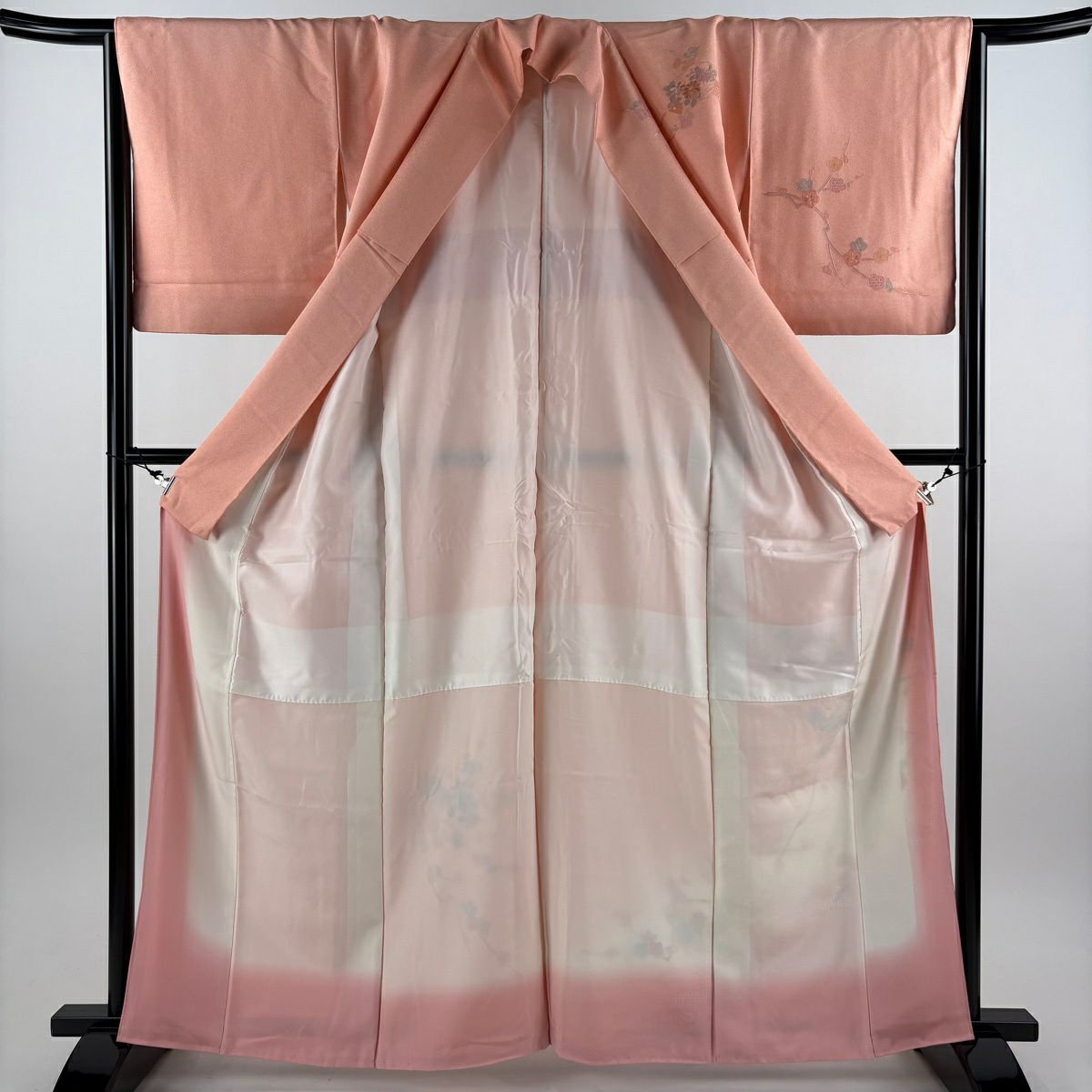 訪問服 身長163cm 袖長65cm M 雙層 扇子面 枝梅花 刺繡 漸層 粉紅 純蠶絲 優品級