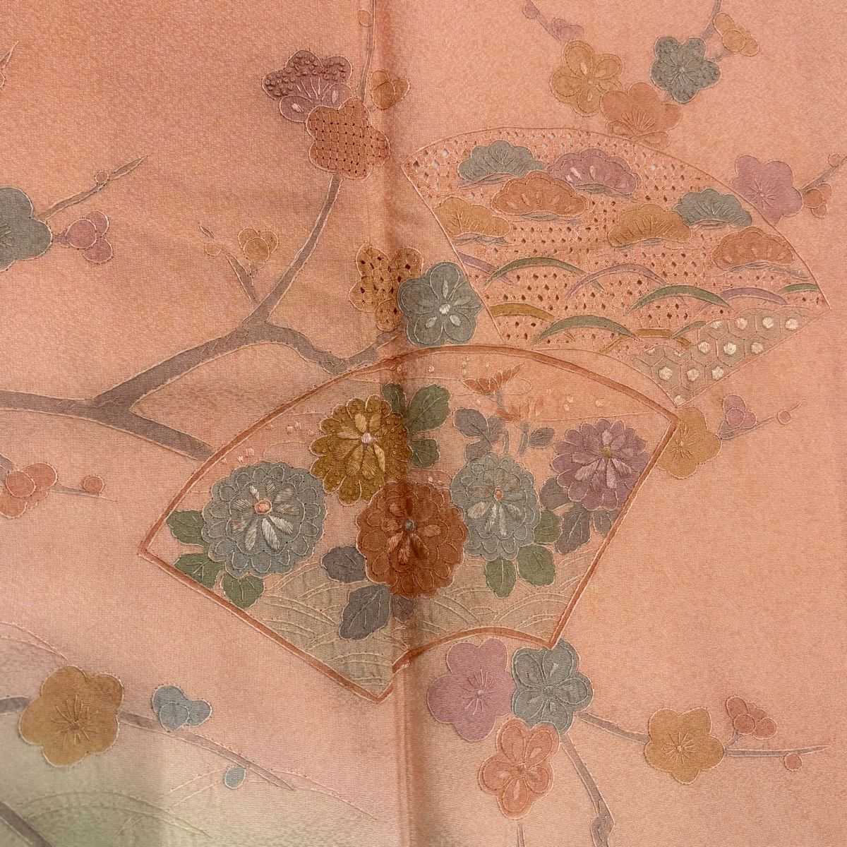 訪問服 身長163cm 袖長65cm M 雙層 扇子面 枝梅花 刺繡 漸層 粉紅 純蠶絲 優品級