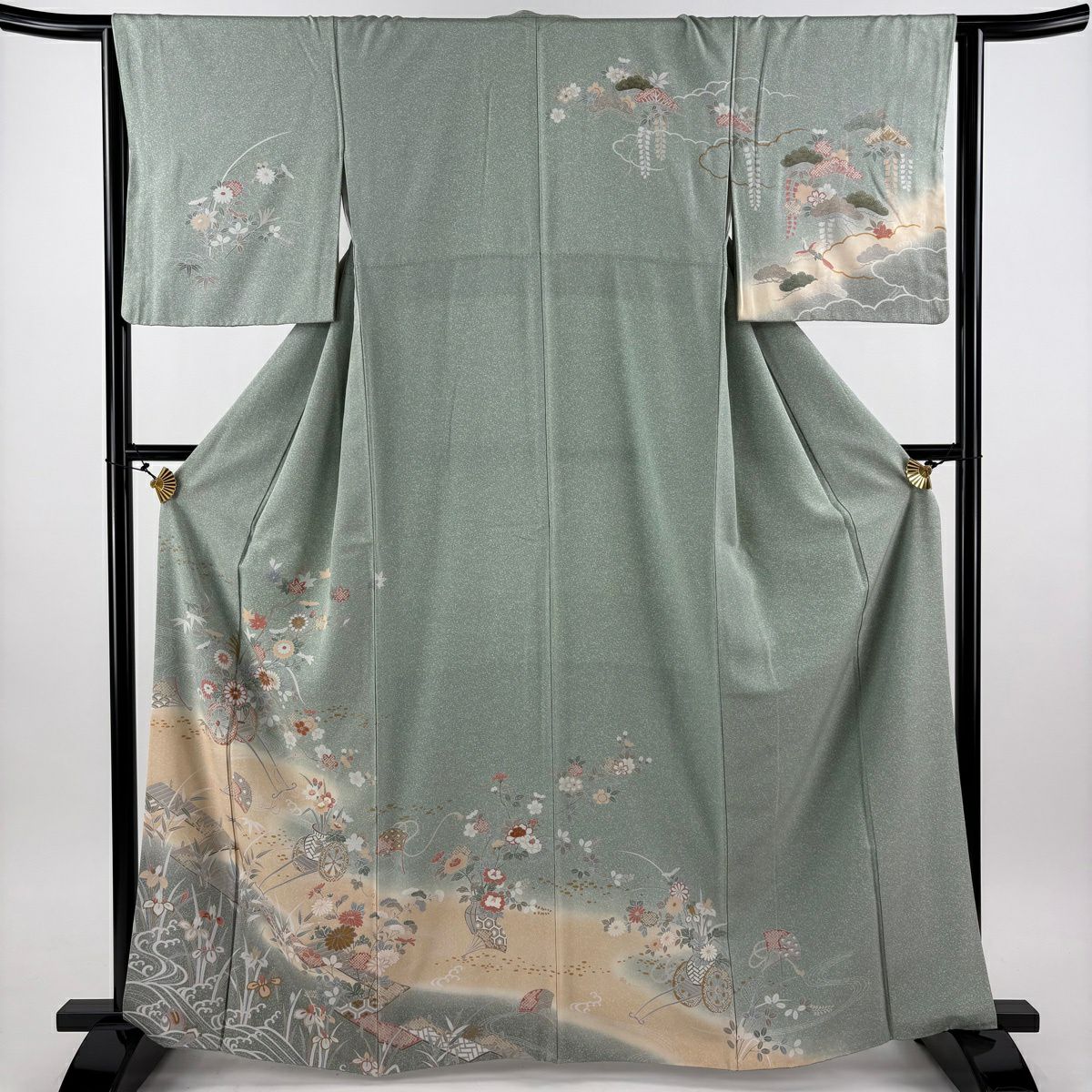 訪問服 身長165cm 袖長64cm M 雙層 花車 八橋 金銀彩 漸層 淺綠 純蠶絲 優品級