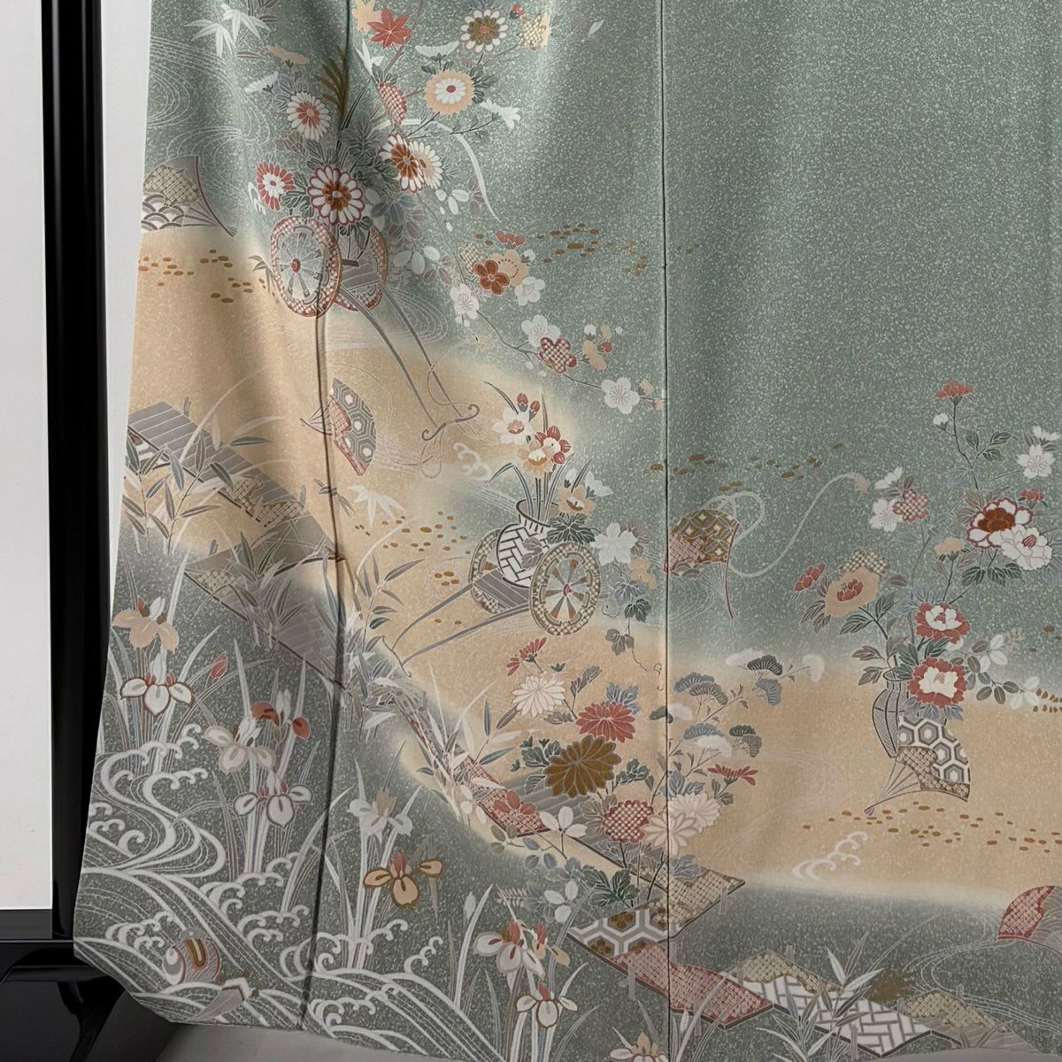 訪問服 身長165cm 袖長64cm M 雙層 花車 八橋 金銀彩 漸層 淺綠 純蠶絲 優品級