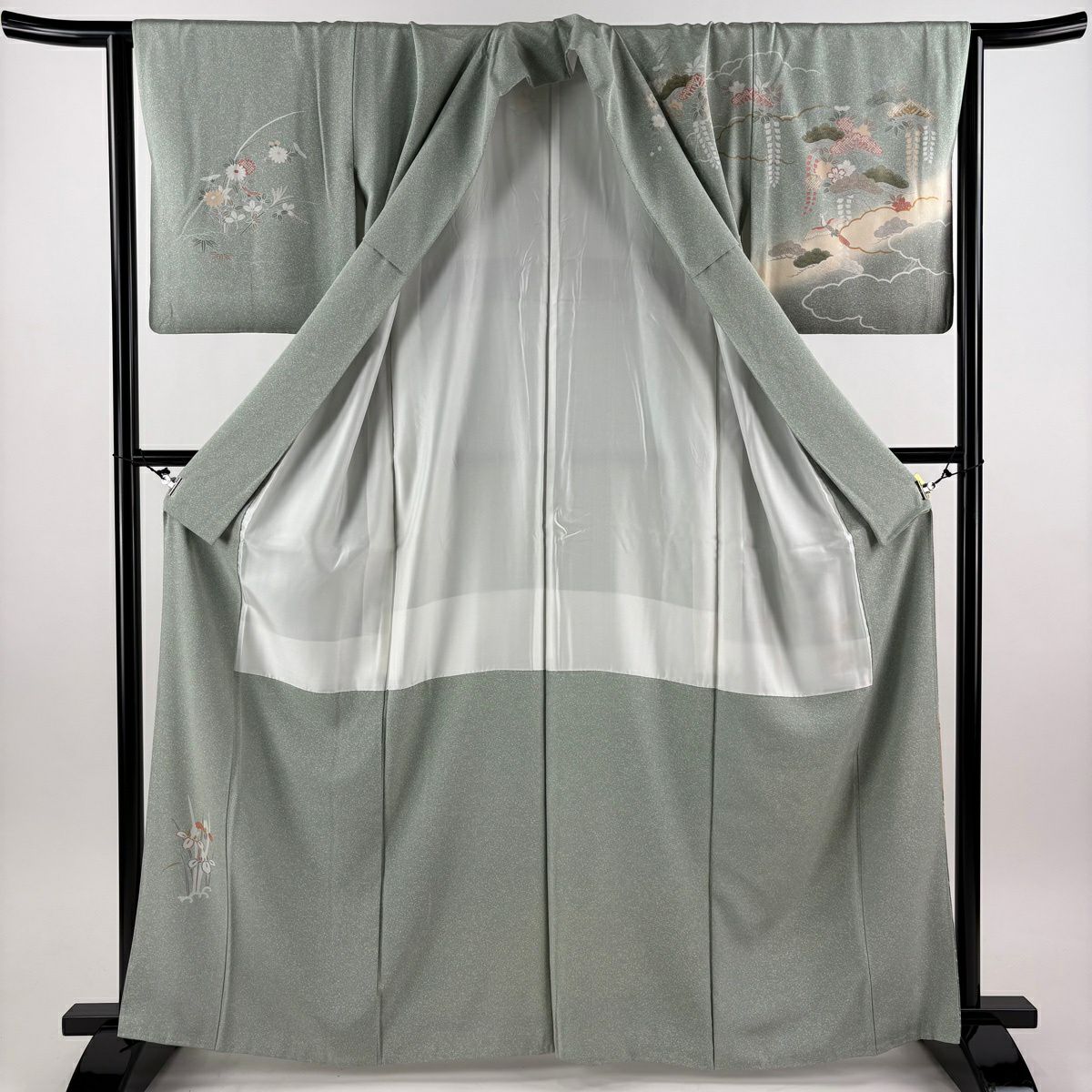 訪問服 身長165cm 袖長64cm M 雙層 花車 八橋 金銀彩 漸層 淺綠 純蠶絲 優品級