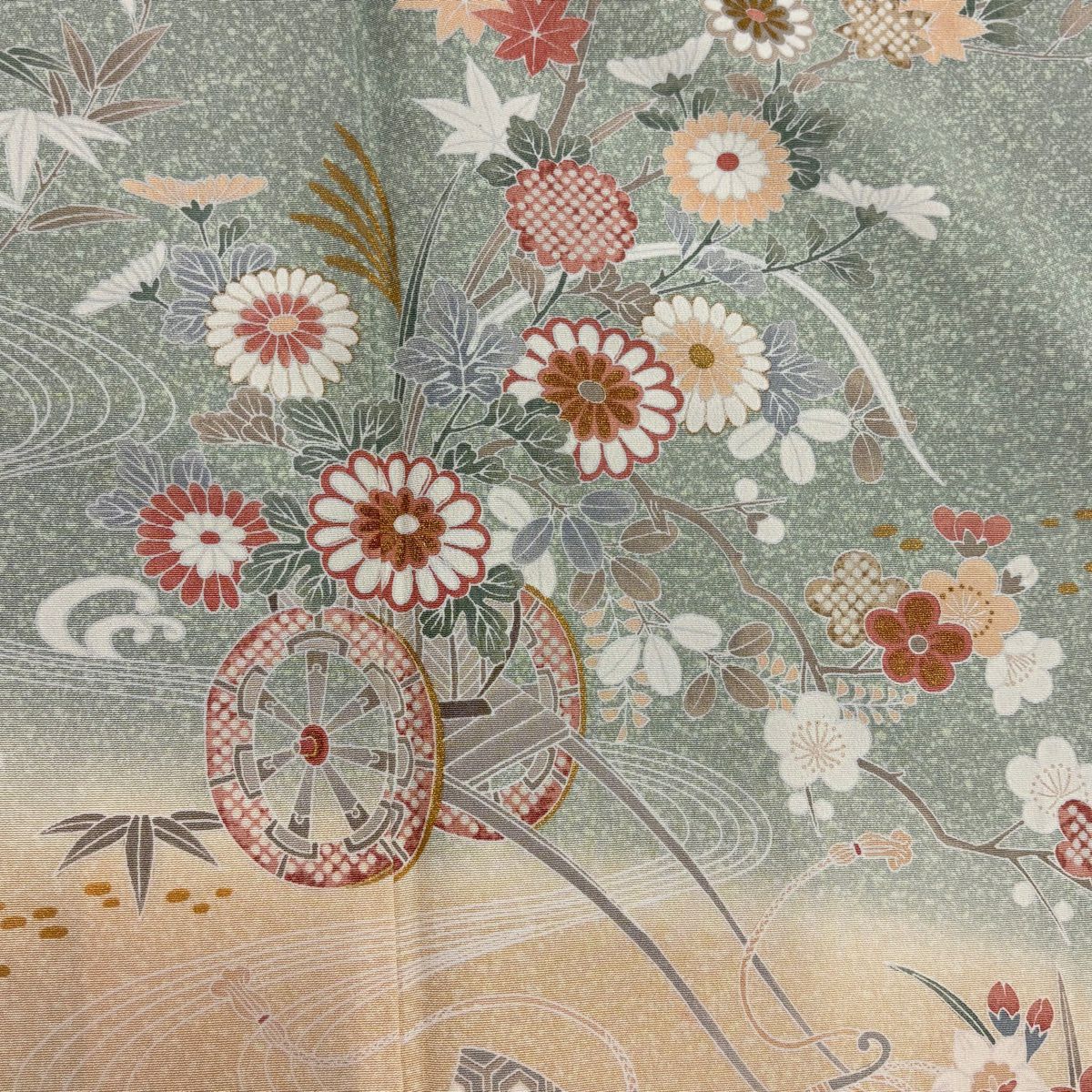 訪問服 身長165cm 袖長64cm M 雙層 花車 八橋 金銀彩 漸層 淺綠 純蠶絲 優品級