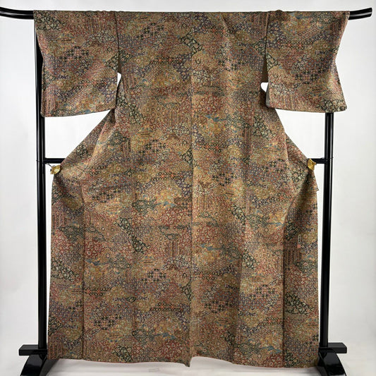 【美品】 小紋 身長165cm 袖長70cm L 雙層 二代目 更甚 紬織織 やまと 落款あり 建物 花唐草紋 茶紫 純蠶絲 秀品級