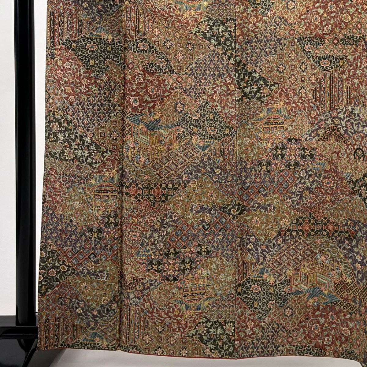 【美品】 小紋 身長165cm 袖長70cm L 雙層 二代目 更甚 紬織織 やまと 落款あり 建物 花唐草紋 茶紫 純蠶絲 秀品級