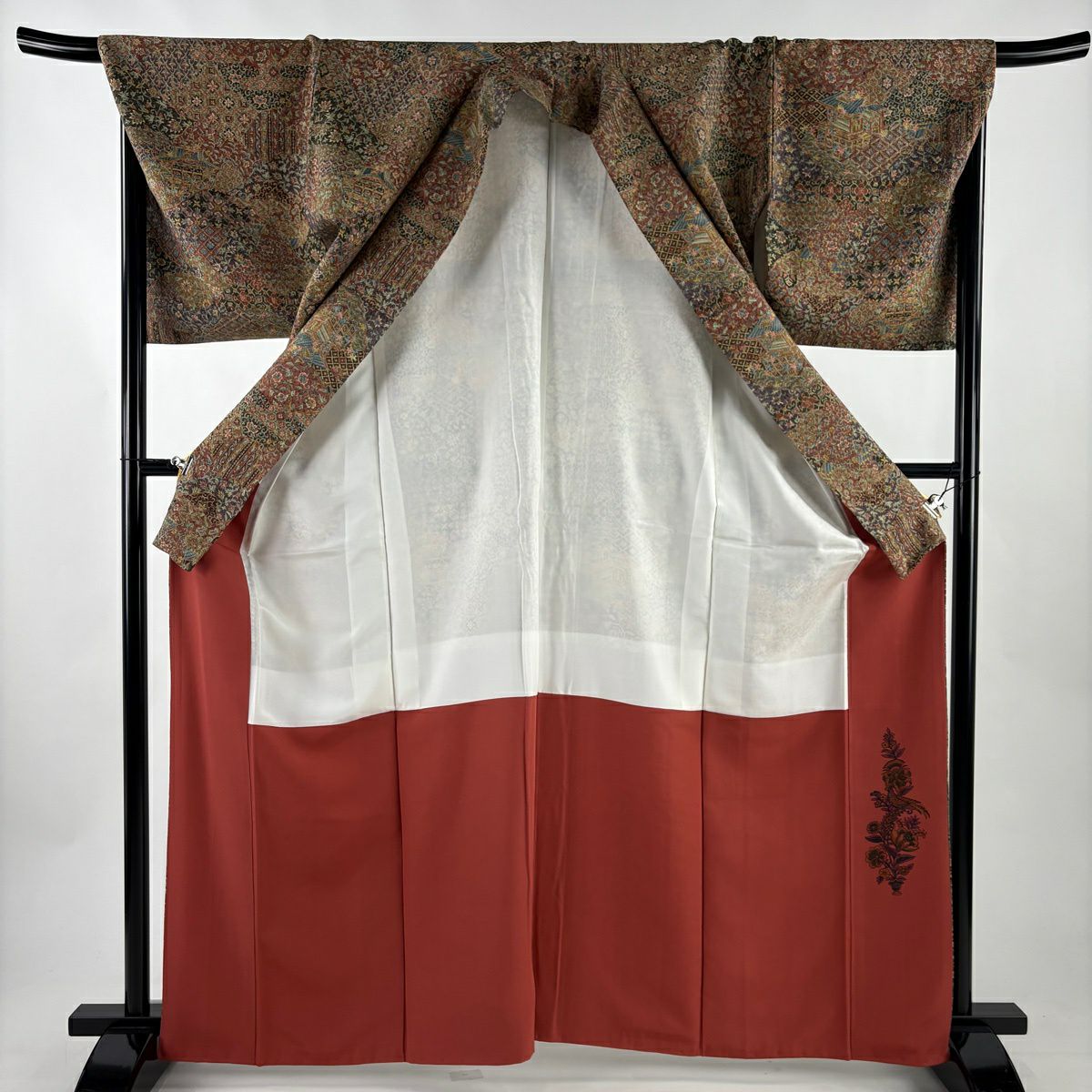 【美品】 小紋 身長165cm 袖長70cm L 雙層 二代目 更甚 紬織織 やまと 落款あり 建物 花唐草紋 茶紫 純蠶絲 秀品級