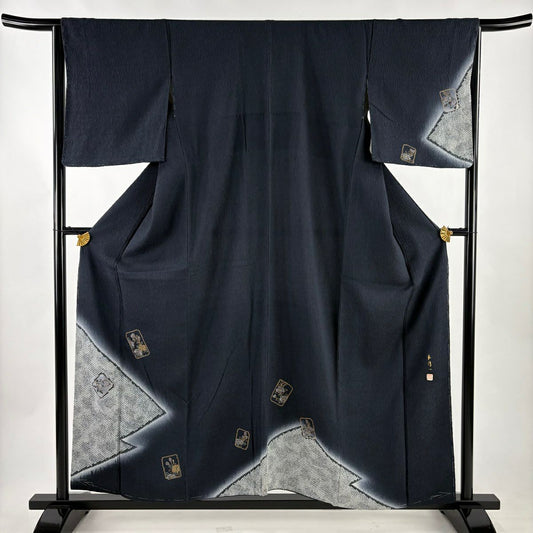 【美品】 付下 身長156cm 袖長64cm M 雙層 林淳一 落款あり 色紙 草花紋紋 金金箔 絞染 深藍 純蠶絲 秀品級