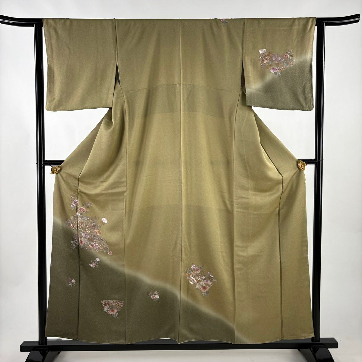 【美品】 付下 身長156.5cm 袖長62cm S 雙層 扇子面 草花紋刺繡 漸層 薄茶 純蠶絲 秀品級