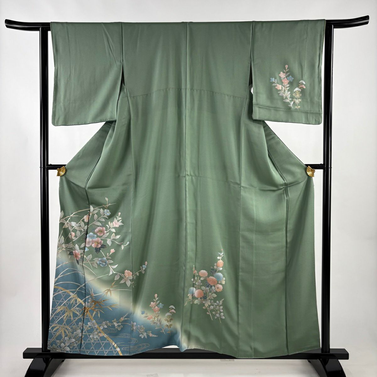 訪問服 身長157.5cm 袖長63cm S 雙層 枝花 笹 螺鈿 金銀彩 灰綠 純蠶絲 秀品級