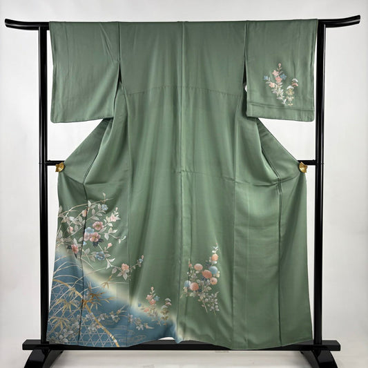 訪問服 身長157.5cm 袖長63cm S 雙層 枝花 笹 螺鈿 金銀彩 灰綠 純蠶絲 秀品級