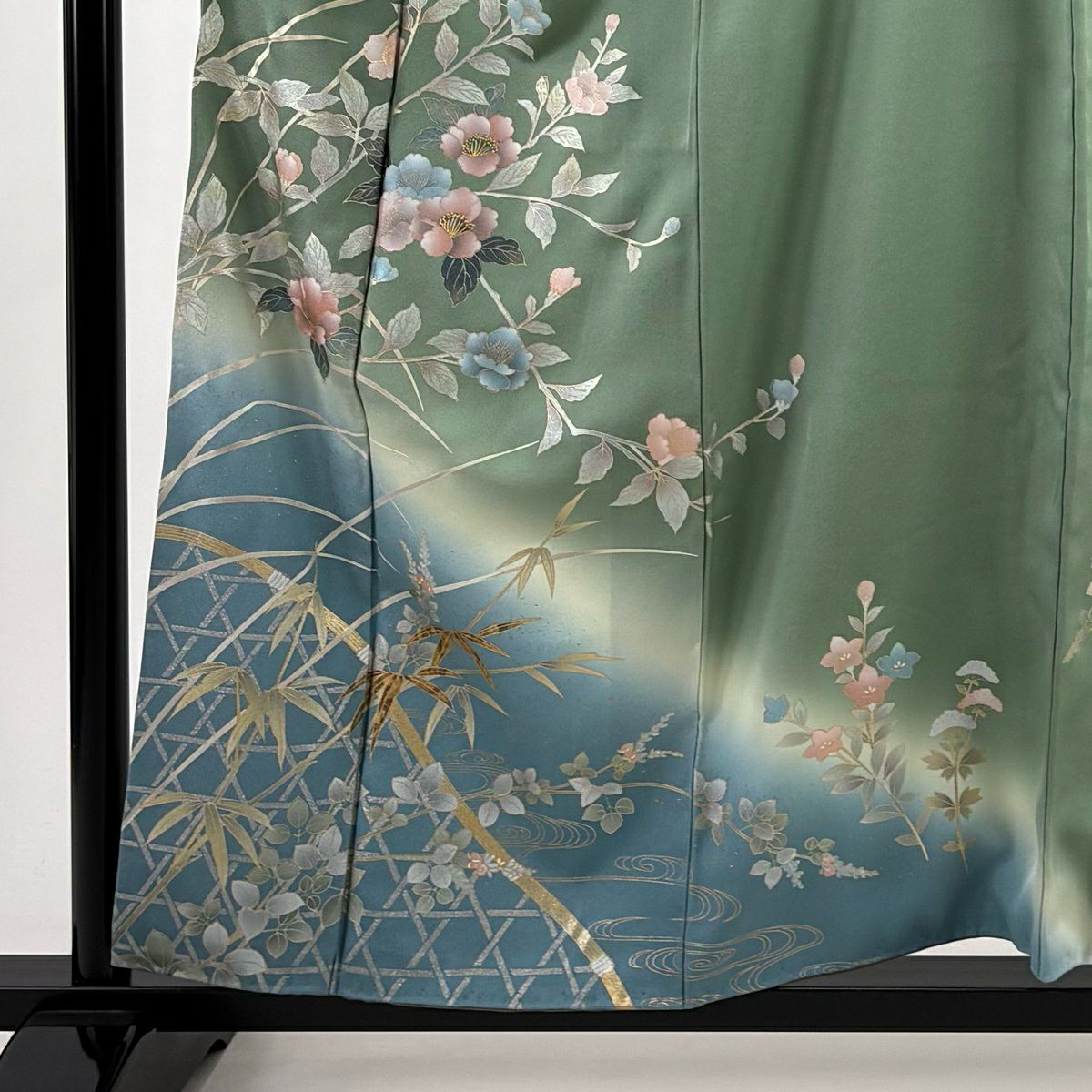 訪問服 身長157.5cm 袖長63cm S 雙層 枝花 笹 螺鈿 金銀彩 灰綠 純蠶絲 秀品級