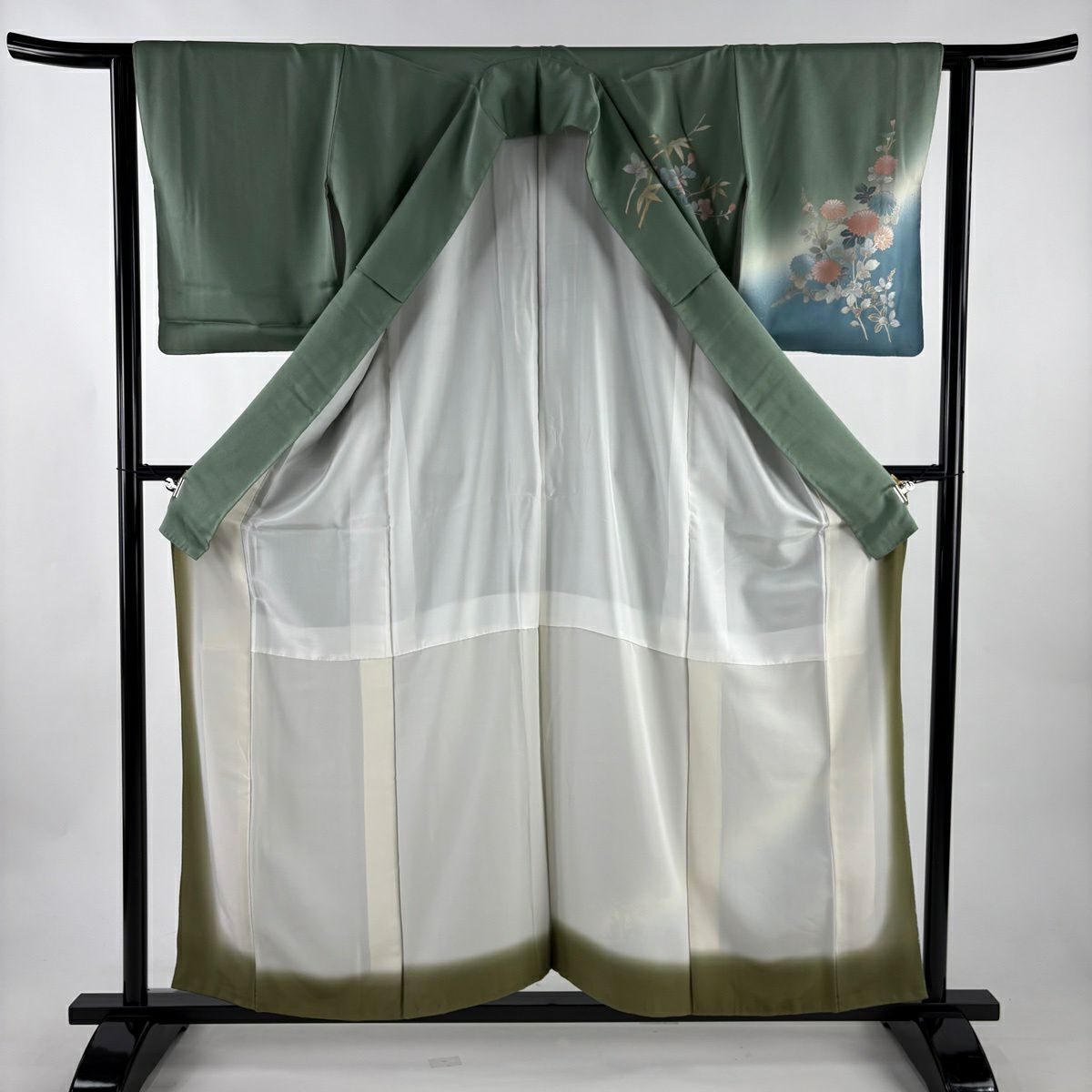 訪問服 身長157.5cm 袖長63cm S 雙層 枝花 笹 螺鈿 金銀彩 灰綠 純蠶絲 秀品級