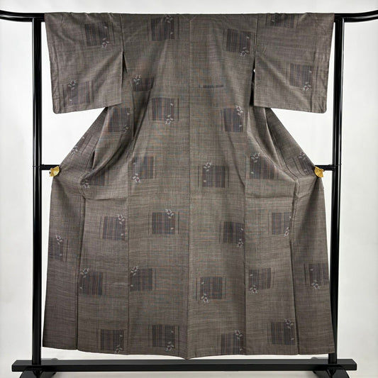 【美品】 紬織織 身長155.5cm 袖長61cm S 雙層 草花紋紋 縞 茶紫 純蠶絲 秀品級