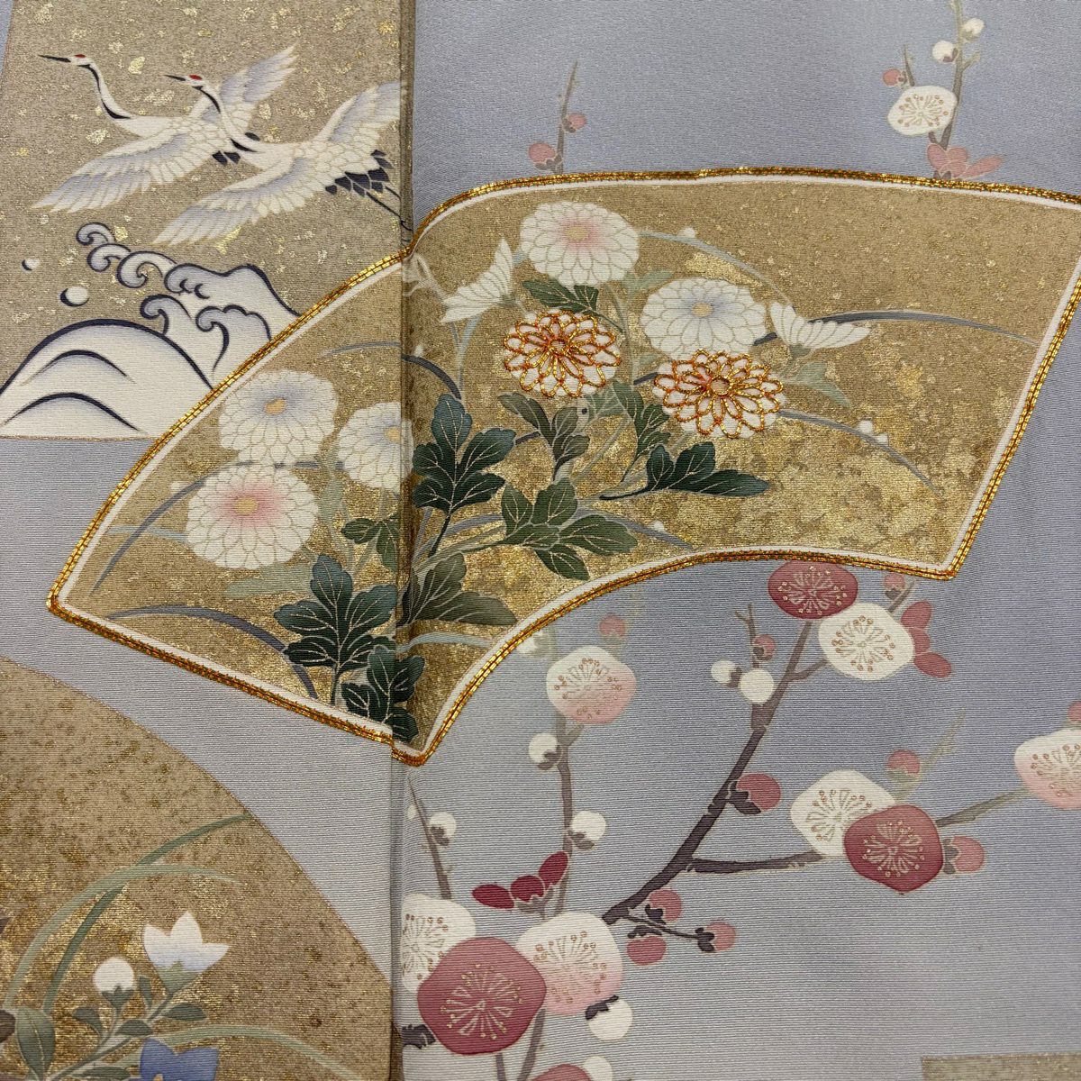灰色留袖禮服 身長156cm 袖長63cm S 雙層 落款有 扇子面 松樹竹子梅花 金絲 金銀彩 純蠶絲 秀品級 一個紋