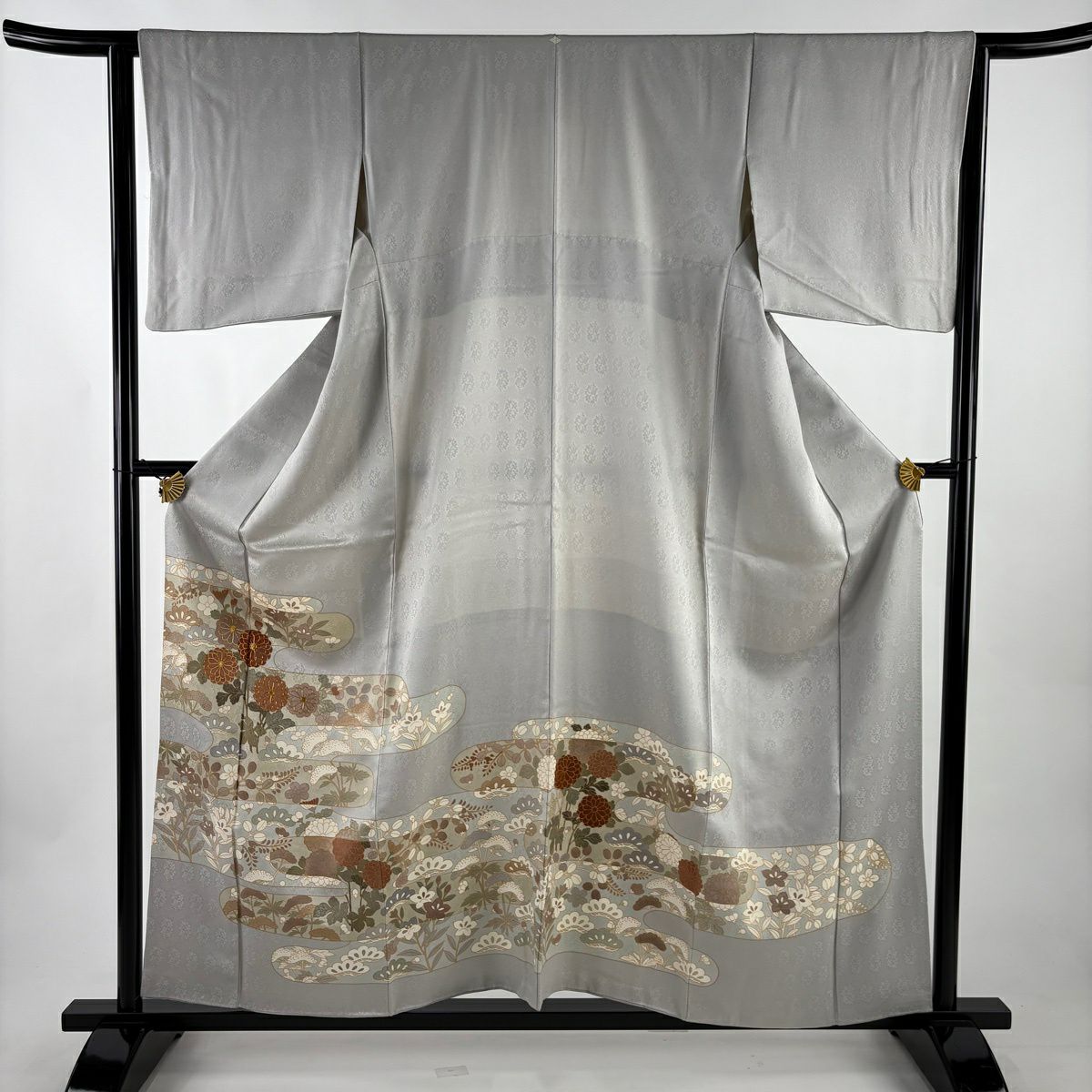 灰色留袖禮服 身長158.5cm 袖長62cm S 雙層 ヱ霞 秋草 金絲 金銀彩 純蠶絲 秀品級 一つ紋
