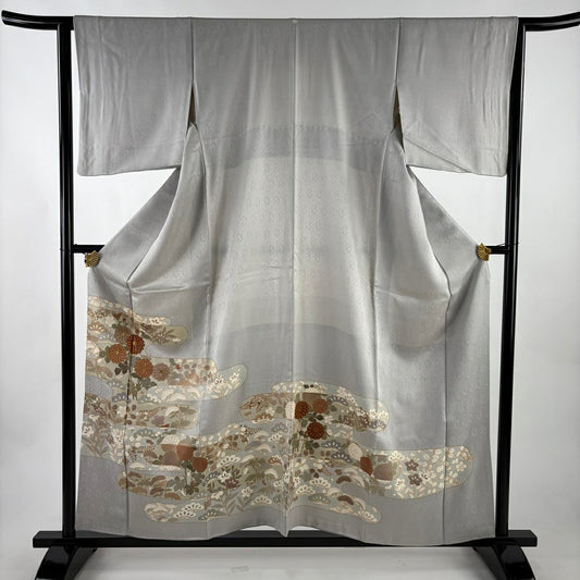 灰色留袖禮服 身長158.5cm 袖長62cm S 雙層 ヱ霞 秋草 金絲 金銀彩 純蠶絲 秀品級 一つ紋