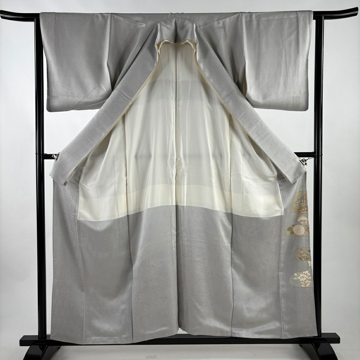 灰色留袖禮服 身長158.5cm 袖長62cm S 雙層 ヱ霞 秋草 金絲 金銀彩 純蠶絲 秀品級 一つ紋