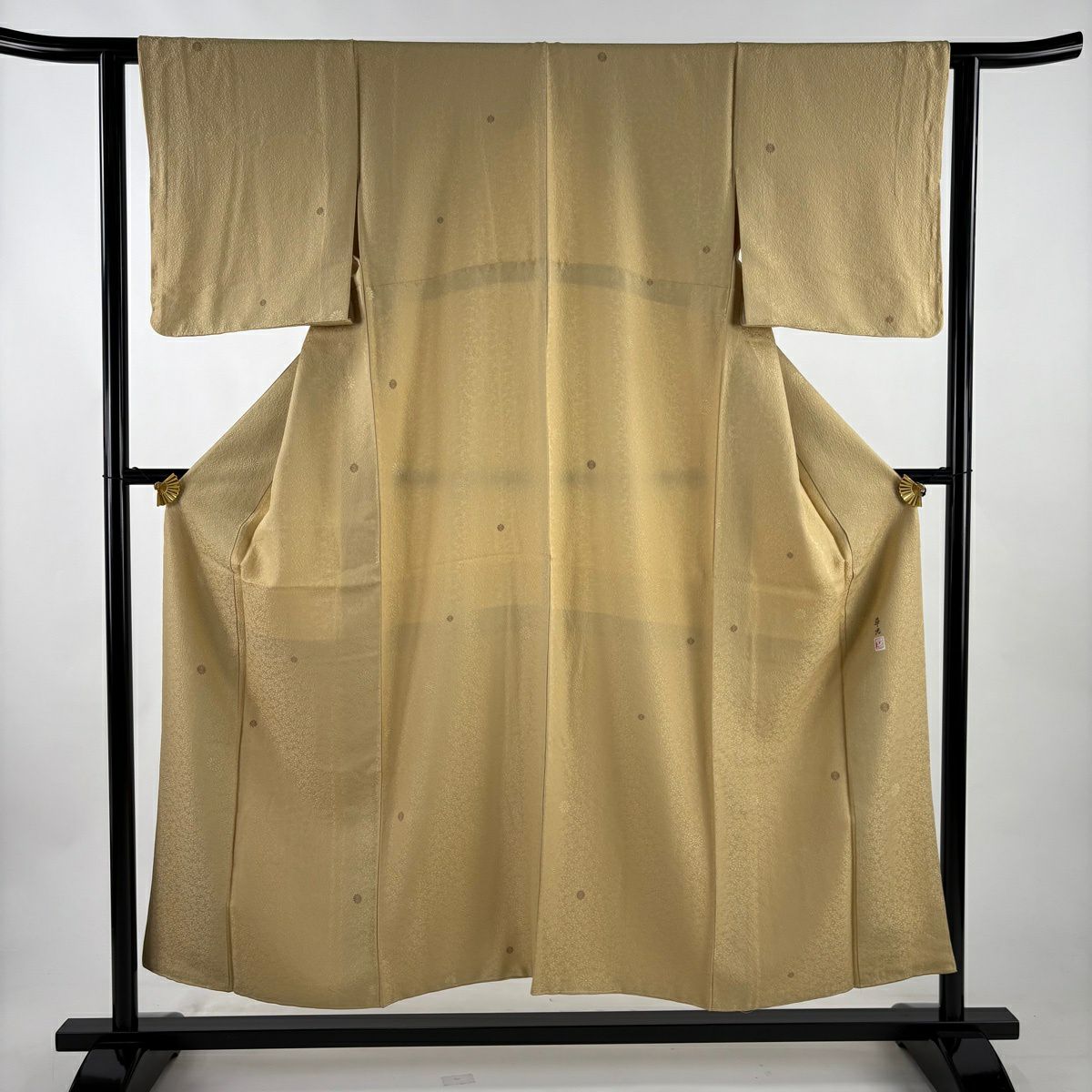 【美品】 小紋 身長154cm 袖長61.5cm S 雙層 落款 花 地紋 金絲 米色 純蠶絲 優品級